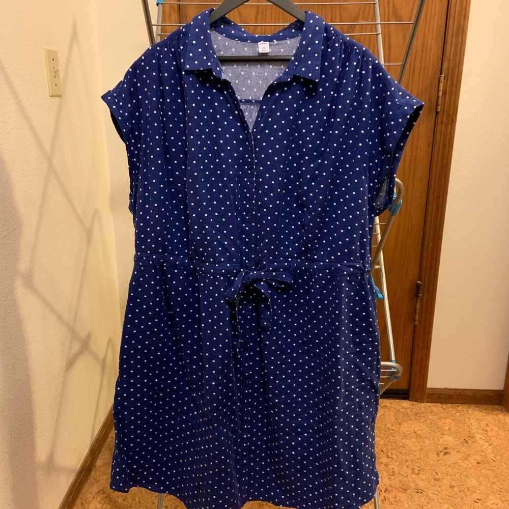 Blue polka dotted linen shirt dress